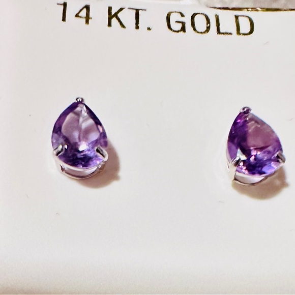 14k solid white gold & 1.94 carats Pear Shaped genuine amethyst earrings - Picture 2 of 12